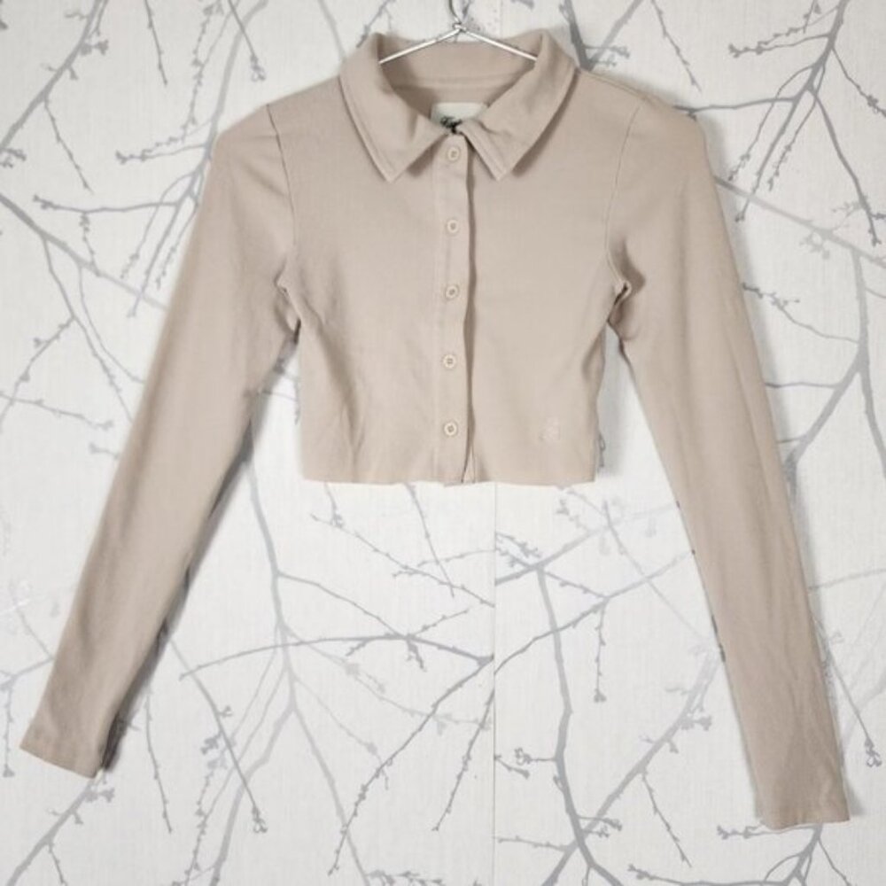 Kuwalla Montreal Beige Ribbed Knit Button Front Cropped Polo